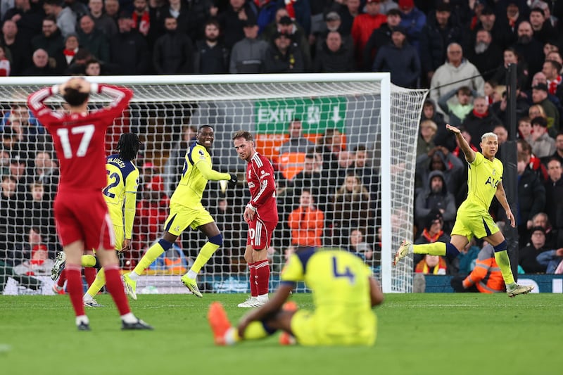 Richarlison of Tottenham celebrates after scoring a goal to make it 1-1 during the match between Liverpool and Tottenham at Anfield. Photograph: Robbie Jay Barratt/AMA/Getty Images
