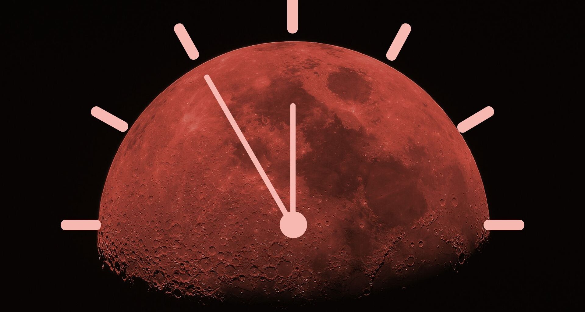 graphic showing close up blood red moon during total lunar eclipse. there is a vector graphic of a clock face overlaid on top.
