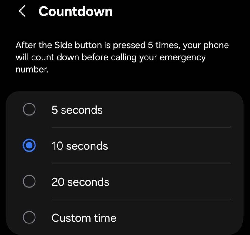 Changing the countdown timer for emergency SOS call on Android.