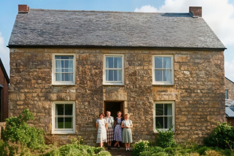 Four women stand together in front of a two-story stone house with six white-framed windows and a front door, surrounded by greenery on a sunny day.