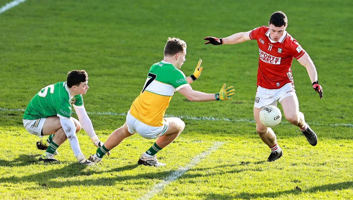 Cork's Mark Cronin squeezes home the Rebels' third goal in their victory over Offaly this season. Picture: Thomas Flinkow/Sportsfile