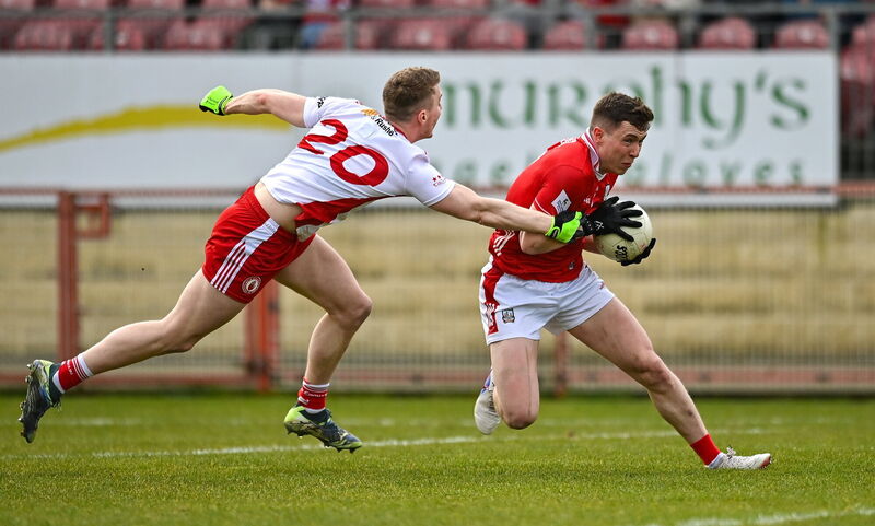 Luke Fahy of Cork in action against Ben McDonnell of Tyrone. Picture: Oliver McVeigh/Sportsfile