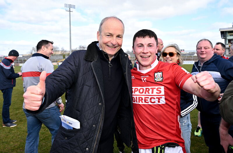 An Taoiseach Micheál Martin TD along with Mark Cronin of Cork. Picture: Oliver McVeigh/Sportsfile