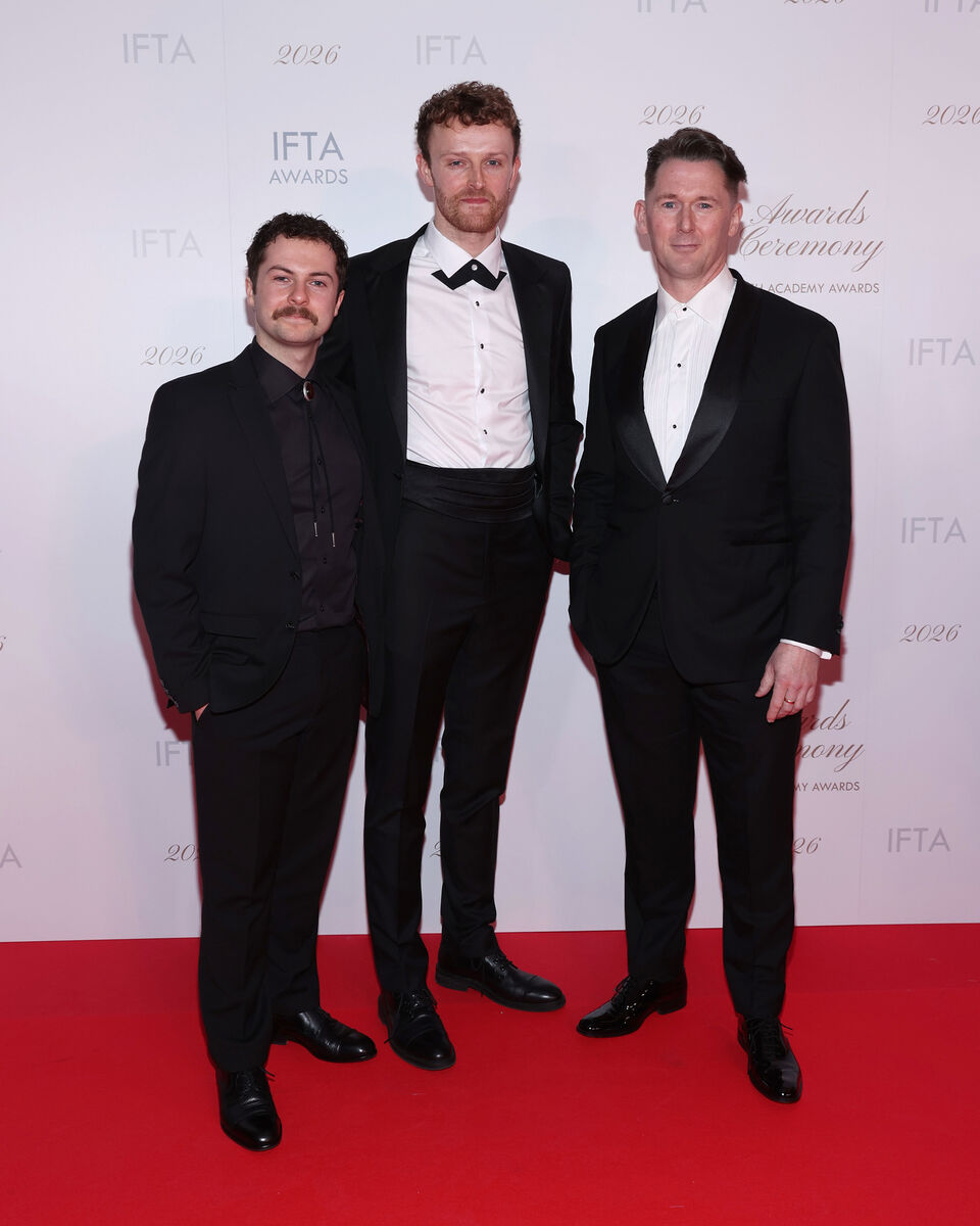 The Young Offenders stars Alex Murphy, Chris Walley and Shane Casey attending the IFTA Awards 2026 Picture: Brian McEvoy/Iftas/PA Wire