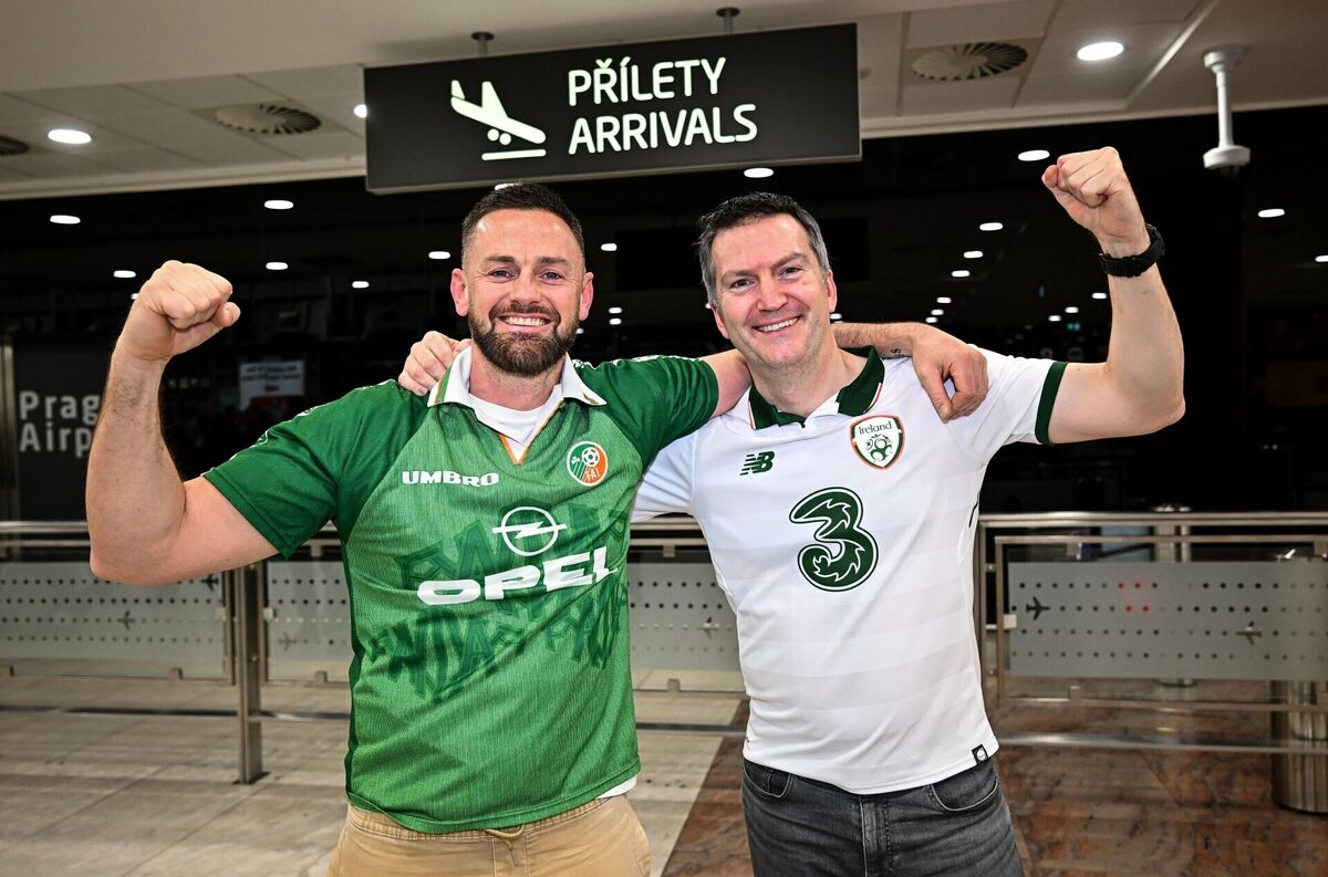 Republic of Ireland supporters Simon Dalton, left, from Dublin, and Tom Kinsella, from Cork, at Václav Havel Airport, Prague, ahead of Thursday's Fifa World Cup 2026 play-off semi-final between Czechia and the Republic of Ireland. Picture: Seb Daly/Sportsfile