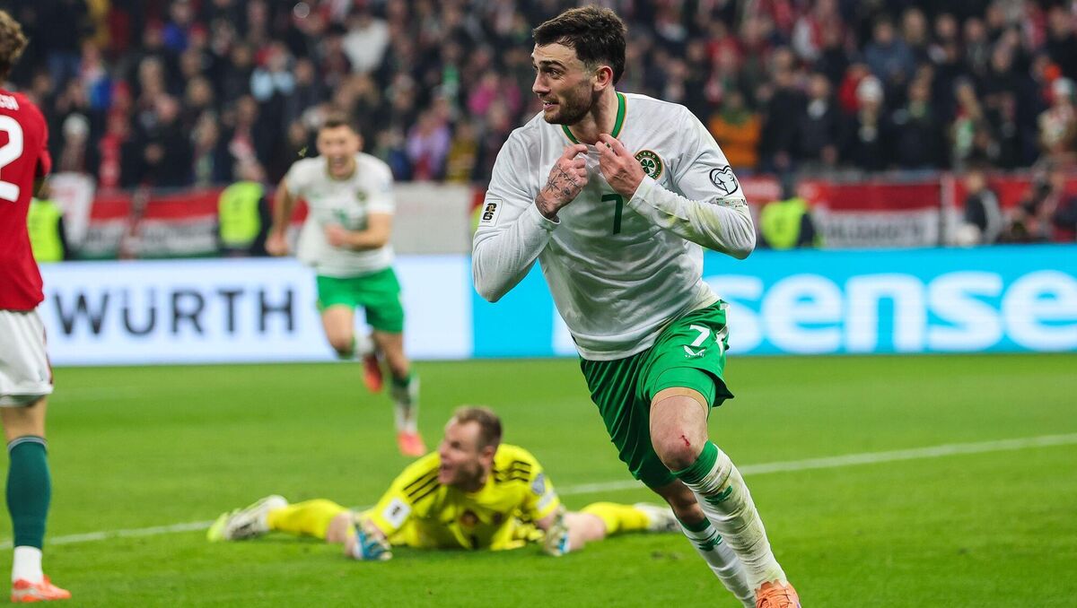 Ireland's Troy Parrott celebrates after scoring the winning goal against Hungary in the World Cup Qualifier Group F, Puskás Aréna, Budapest, Hungary.                 Picture: INPHO/Ryan Byrne