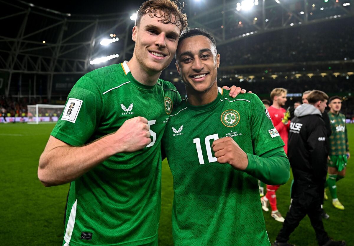 Ireland and  Cork's Jake O'Brien, left, and Adam Idah celebrate after the FIFA World Cup 2026 Group F Qualifier win over Portugal at the Aviva Stadium in Dublin. Picture: Stephen McCarthy/Sportsfile