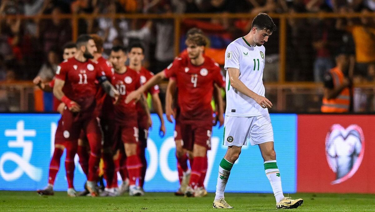 Finn Azaz of Republic of Ireland reacts as Armenia celebrate their first goal during the FIFA World Cup 2026 Group F qualifying match at Vazgen Sargsyan Republican Stadium in Yerevan, Armenia. Picture: Stephen McCarthy/Sportsfile