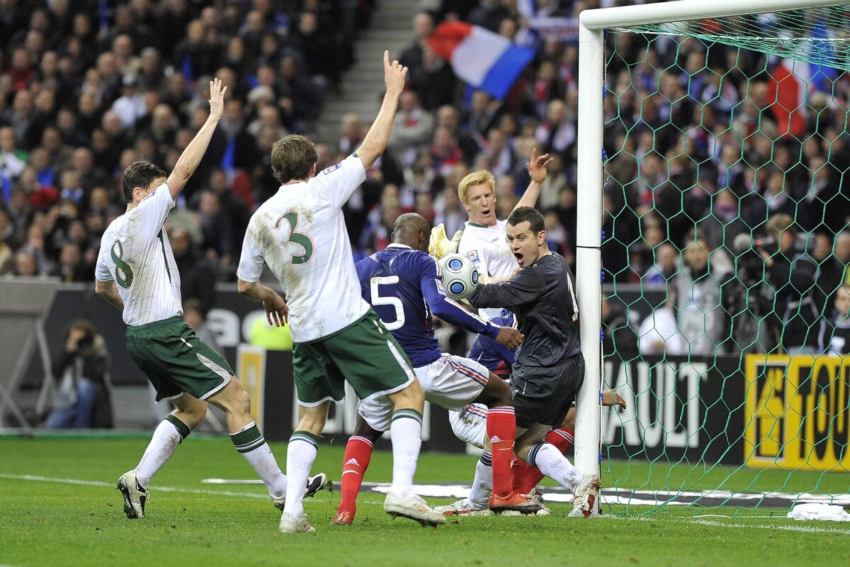 INFAMOUS NIGHT: William Gallas scores in Paris after Thierry Henry controversially handled the ball to assist the defender in 2010. Pic: Laurent Zabulon/Gamma-Rapho/Getty