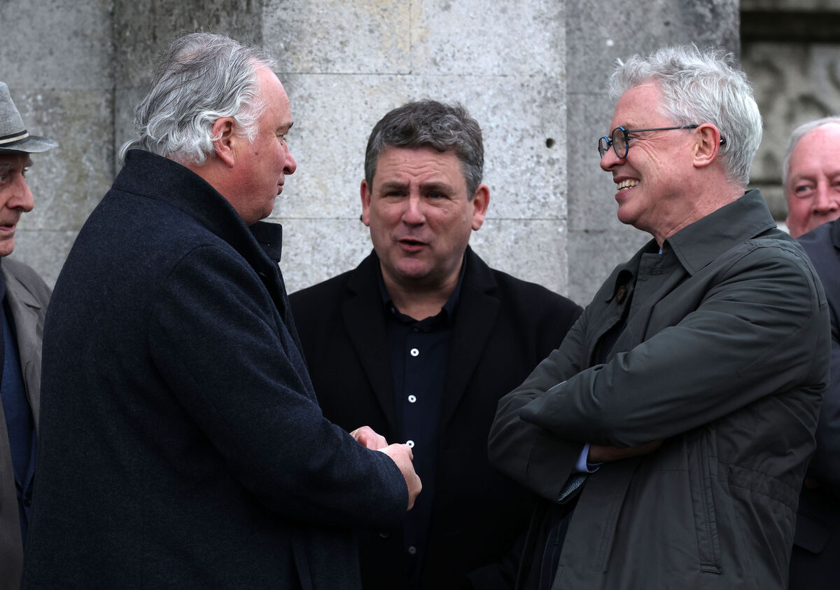 Joe Brolly, right, former RTE produder, Paul Byrnes, centre and former Cork hurler, Tomás Mulcahy pictured this evening at the funeral of former RTÉ radio and TV broadcaster, Michael Lyster at the Victorian Chapel, Mount Jerome, Dublin. Picture: Colin Keegan, Collins, Dublin.