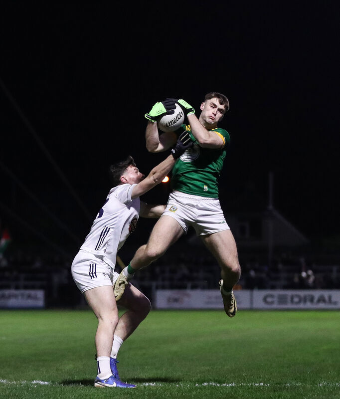 Meath's Sean Rafferty gets to the ball ahead of Kildare's Ben Loakman. Picture: INPHO/Grace Halton