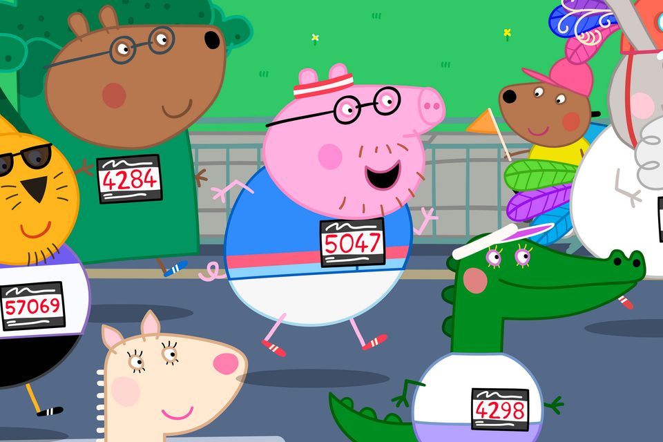 Illustration issued by Hasbro of Daddy Pig training for the TCS London Marathon 2026. Hasbro/PA Wire