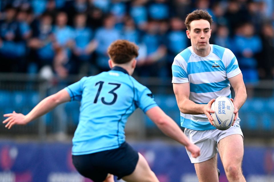 2 March 2026; Bernard White of Blackrock College in action against Sam Dunne of St Michael's College during the Bank of Ireland Leinster Rugby Boys Schools Senior Cup semi-final match between St Michael's College and Blackrock College at Energia Park in Dublin. Photo by Shauna Clinton/Sportsfile