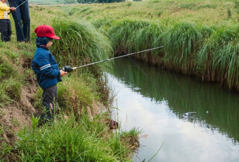 A young child wearing a red cap and blue jacket is fishing at the edge of a grassy stream, holding a fishing rod with the line cast into the water.