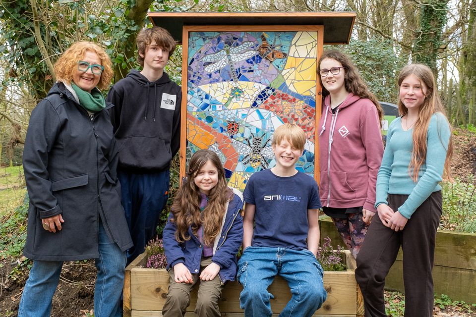 Ceramic artist Laura O'Hagan with Evan Cullen, Sylva Sepight Murphy, Aaron Cullen, Theia Speight Murphy and Sophie Schriever with one of the two mosaics unveiled at Roundwood.