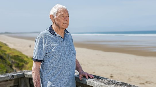 Retired Foster police sergeant Jim Lowe at Waratah Bay in South Gippsland, where a windsurfer was last seen in the 1980s.