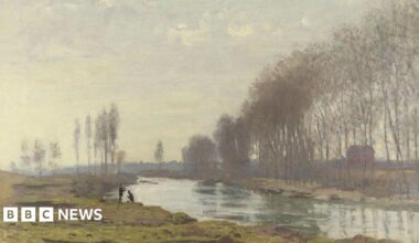 The Petit Bras of the Seine at Argenteuil depicts a tranquil scene on a winter day on the outskirts of a small, suburban town, portraying two figures by the side of the River Seine.