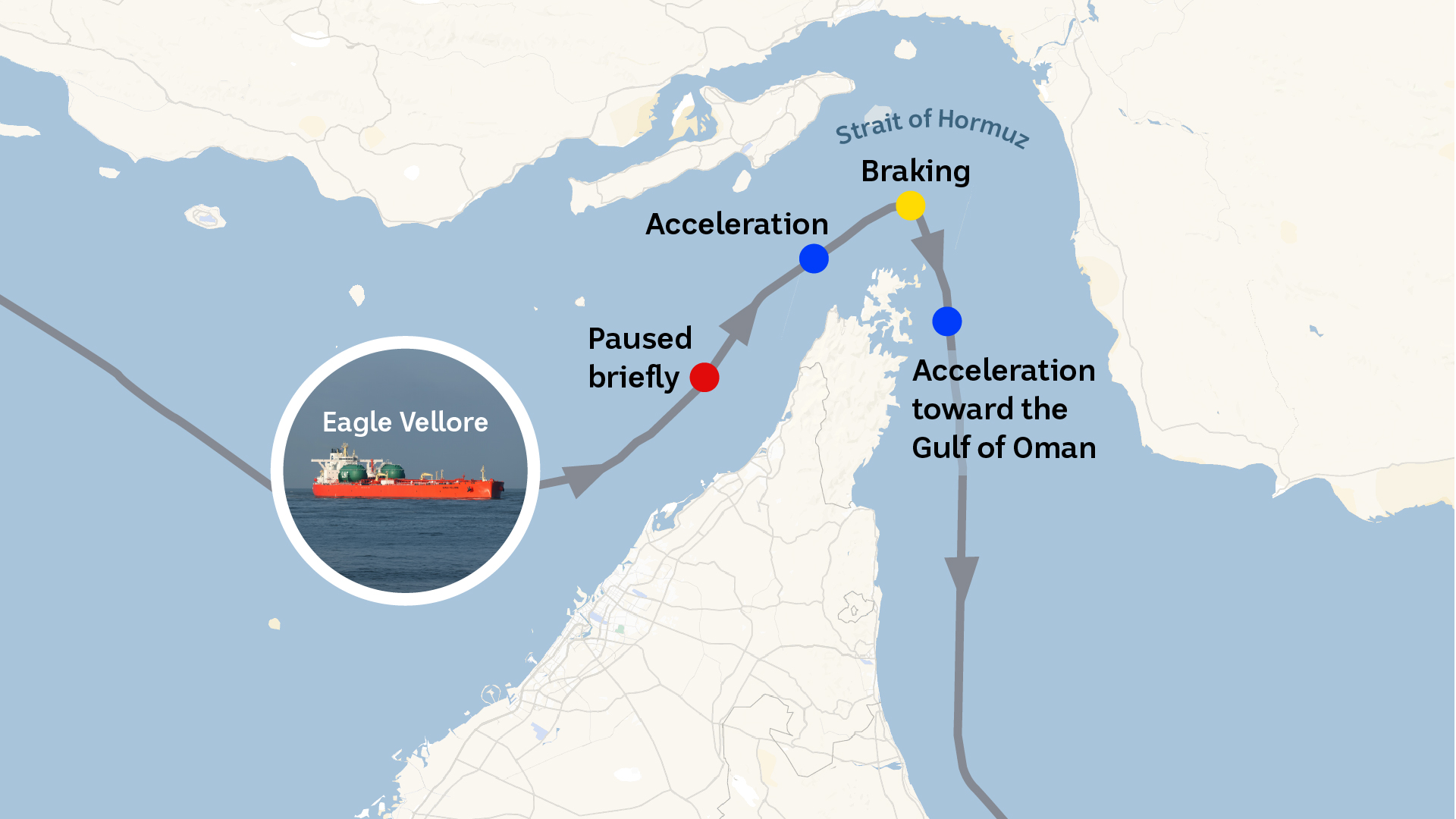 A map showing the tanker Eagle Vellore's passage through the Strait of Hormuz.