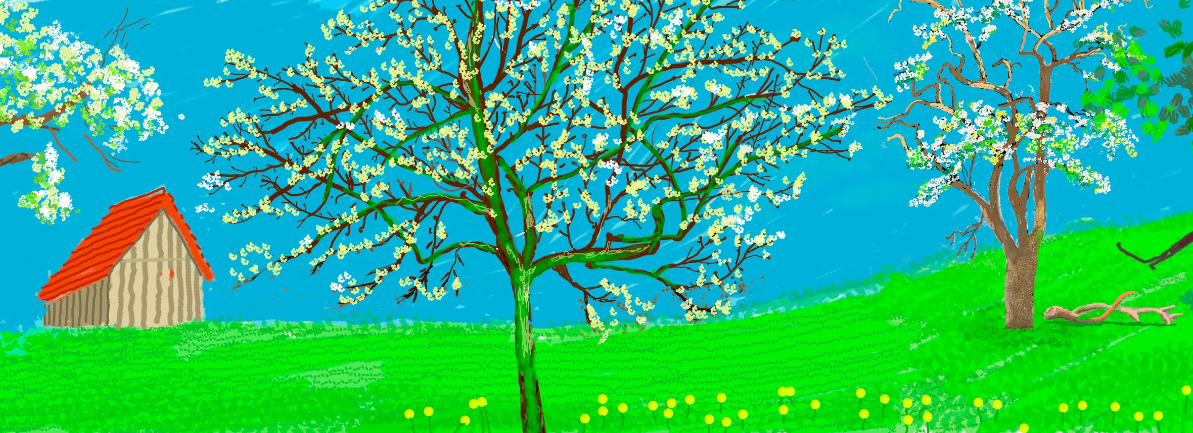 Illustration of a spring landscape with blossoming trees, a green hill, a small cottage, and dandelions under a blue sky.