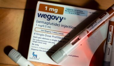Wegovy injection pens arranged in Waterbury, Vermont, US, on Monday, April 28, 2025. Novo Nordisk A/S is following in rival Eli Lilly & Co.'s footsteps by selling its hit weight-loss drug Wegovy directly to US patients at a discount.