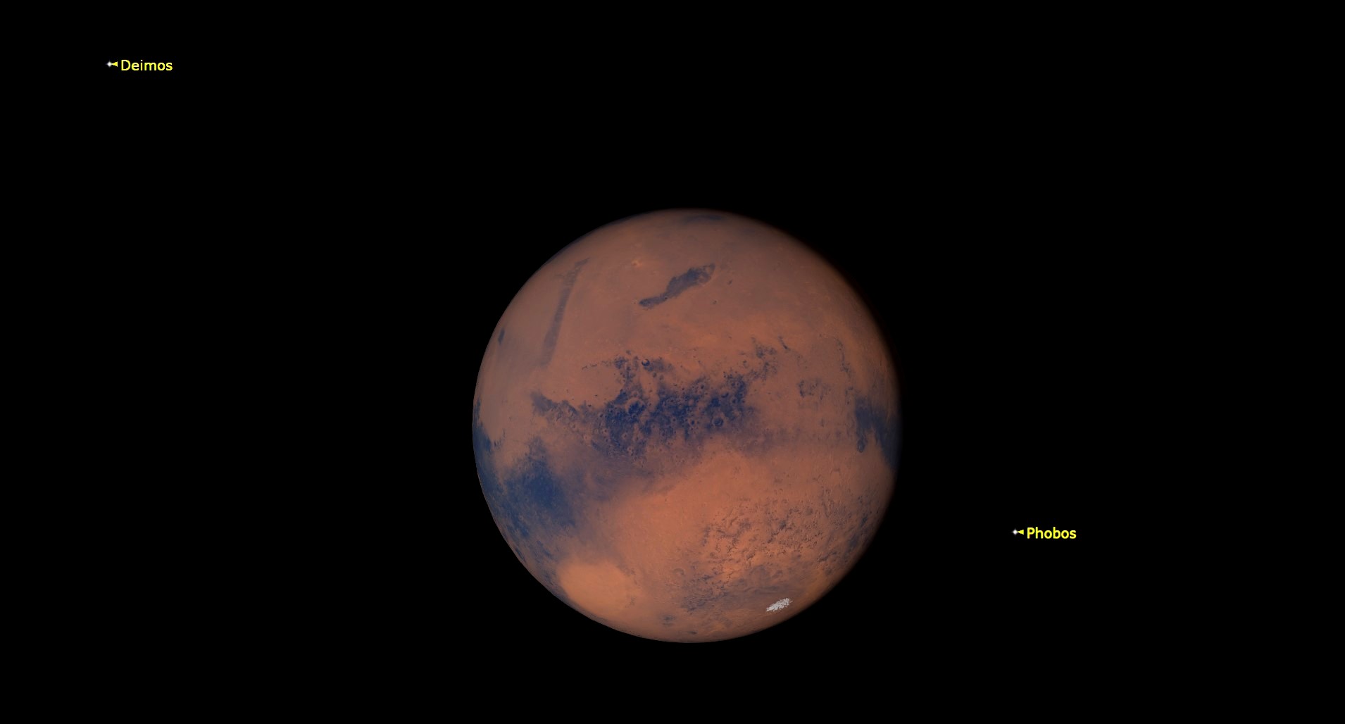 night sky graphic showing close up view of mars with moon phobos to the right and deimos in the upper left.