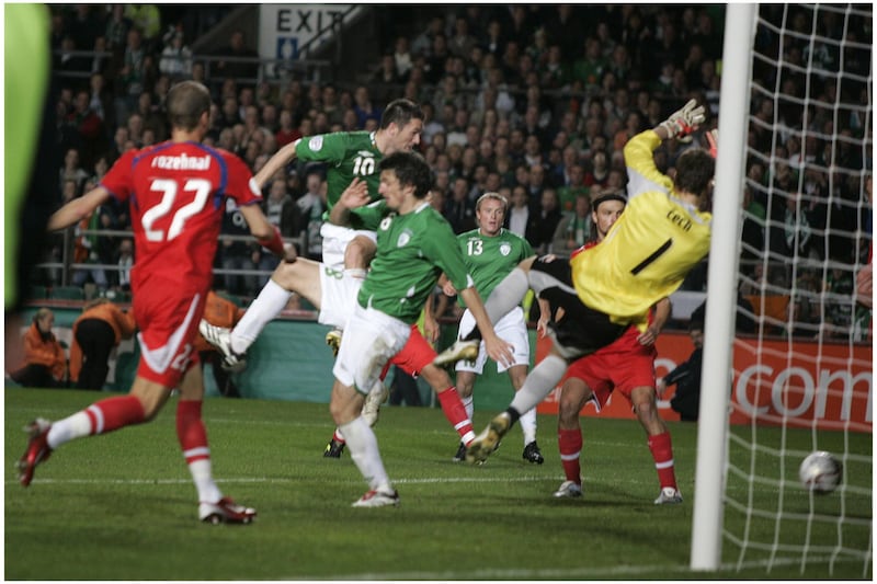 An attempt from Robbie Keane during Ireland's Euro 2008 qualifier against Czech Republic at Lansdowne Road in October 2006. The match finished 1-1. Photograph: Dara Mac Dónaill