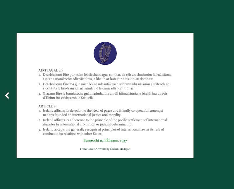 President Connolly's 2026 St Patrick's Day card includes a reminder of Article 29 of the Irish constitution which commits Ireland to the "generally recognised principles of international law as its rule of conduct in relation with other states".