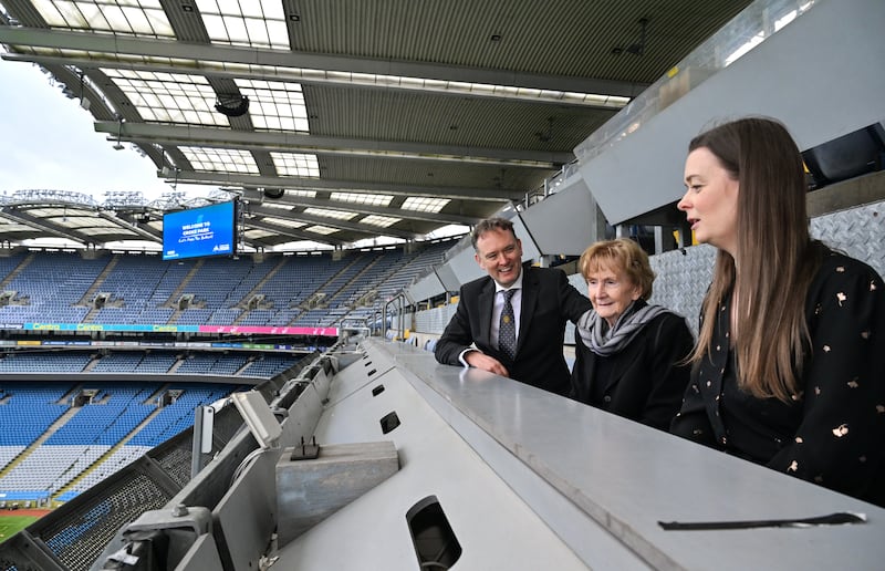 Eamonn Ó Muircheartaigh, Helena Ní Mhuircheartaigh and Doireann Ní Mhuircheartaigh in the commentary box at Croke Park during the launch for The Replay. Photograph: Brendan Moran/Sportsfile