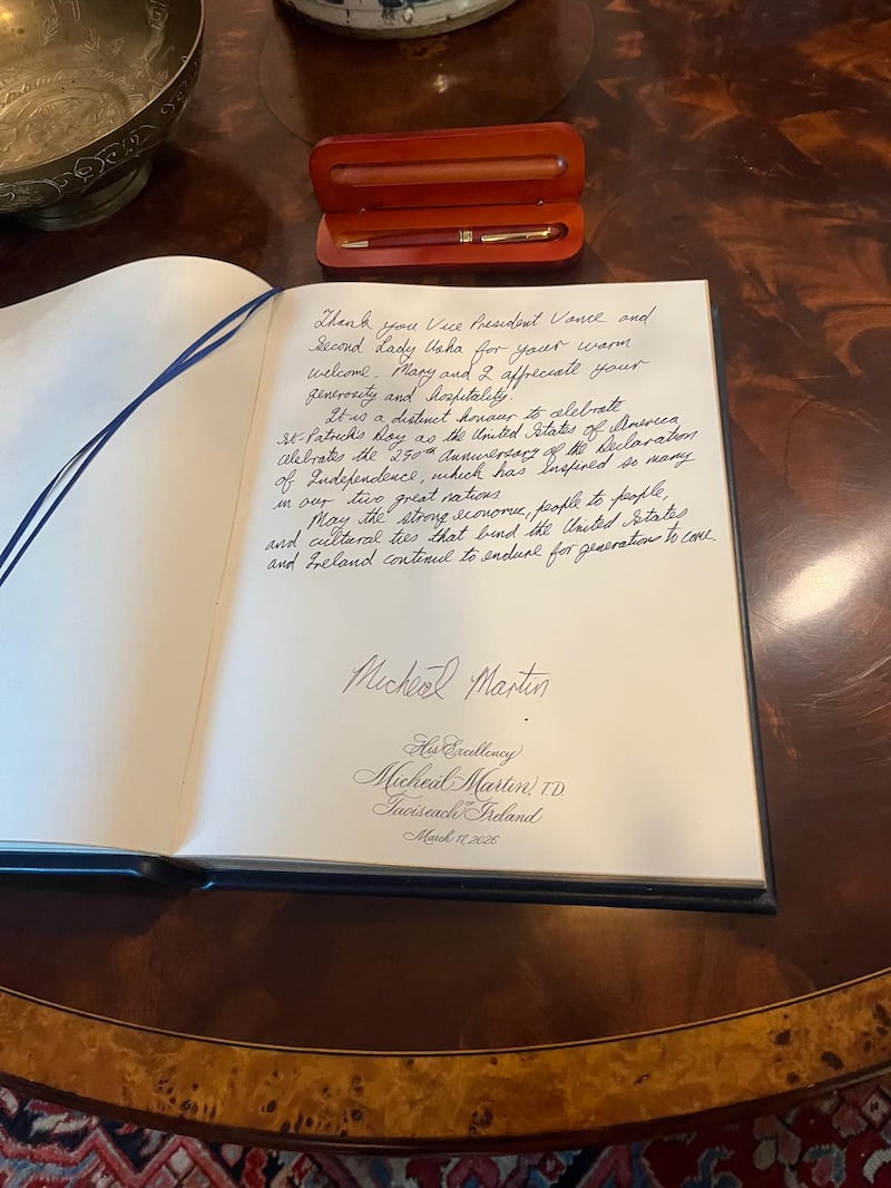 In the official visitors’ book, the Taoiseach thanked the Vances for their “generosity and hospitality”. Photograph: Pat Leahy