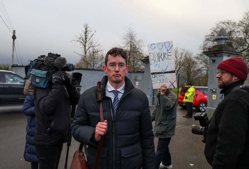 Enoch Burke at the entrance to Wilson's Hospital School in Co Westmeath in January after being denied entry by a security guard. Photograph: Colin Keegan/Collins