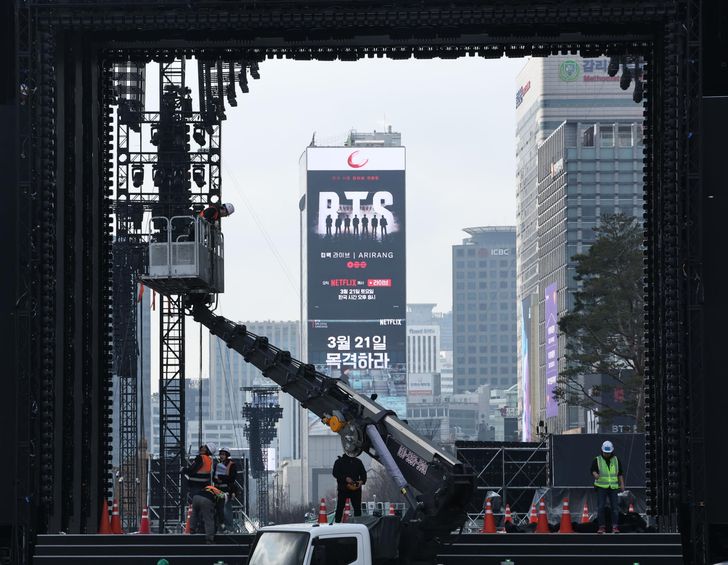 The stage for BTS' comeback concert is being set up at Gwanghwamun Square in central Seoul, Friday, a day before the show. Yonhap
