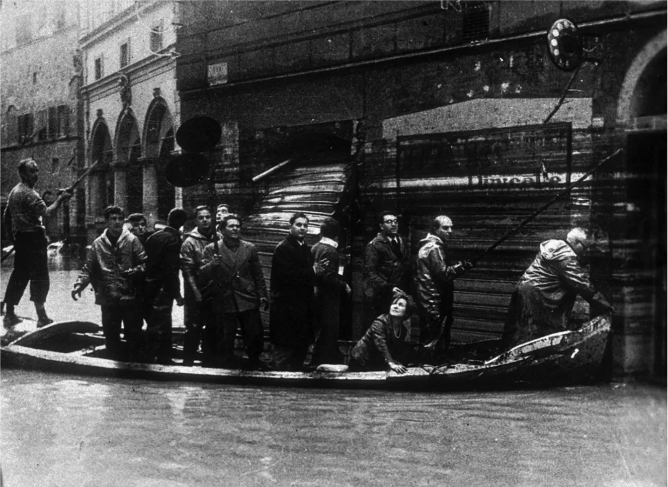 People in a boat during the 1966 Florence flood.