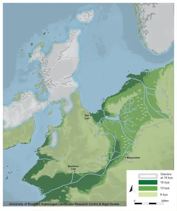 Map showing the extent of Doggerland 18,000 years ago, 10,000 years ago and 8,000 years ago.
