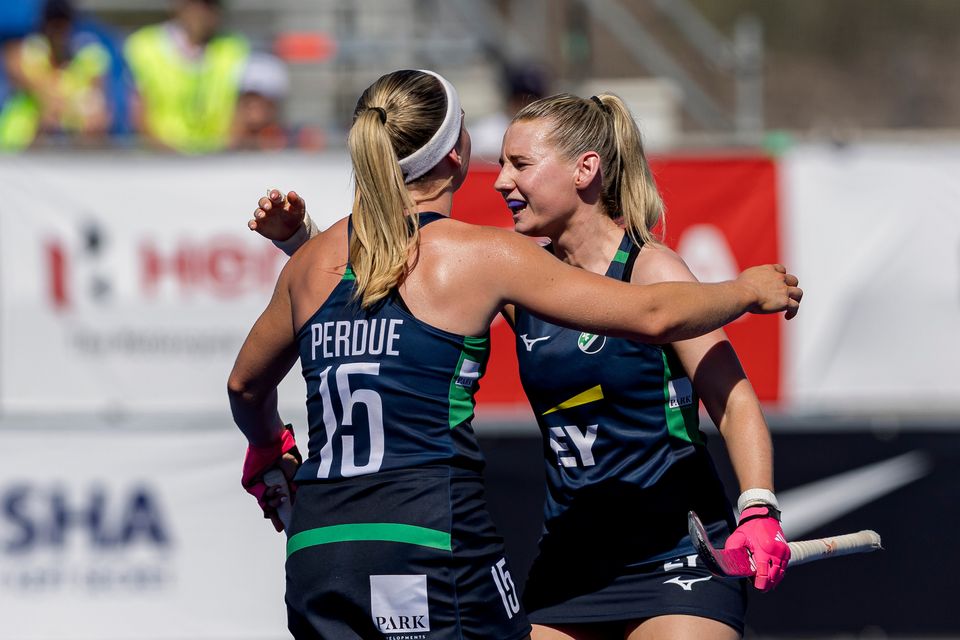 Christina Hamill celebrates with goalscorer Caoimhe Perdue. Photo: World Sport Pics