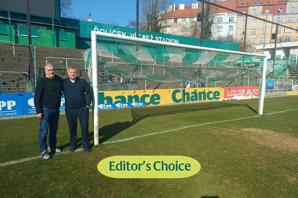 Aidan Fitzmaurice with Antonin Panenk at the stadium of Bohemians in Prague, the club Panenka served as a player and where he still has a background role.
