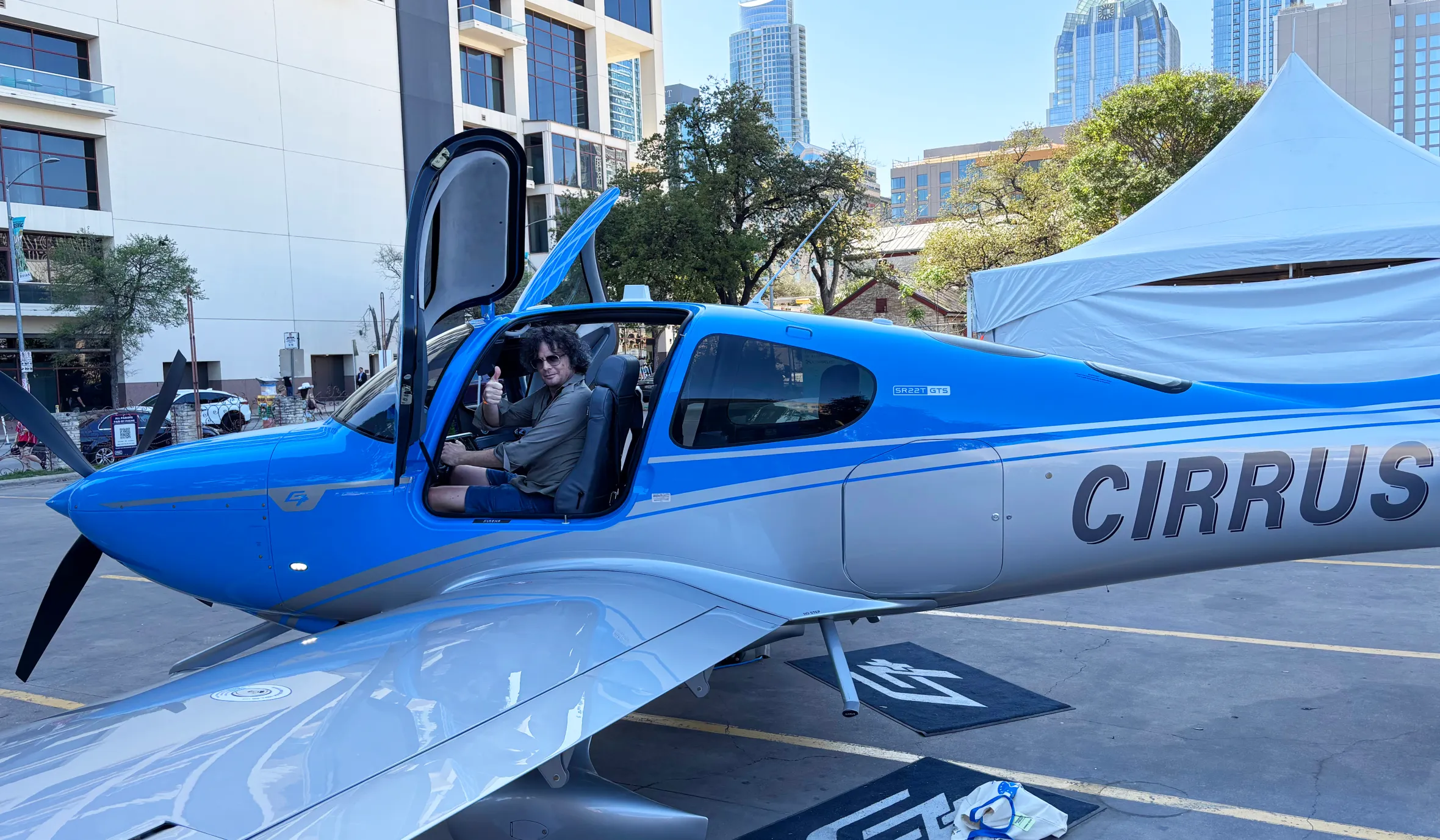Times writer Will Hodgkinson sitting in a Cirrus aircraft at SXSW.