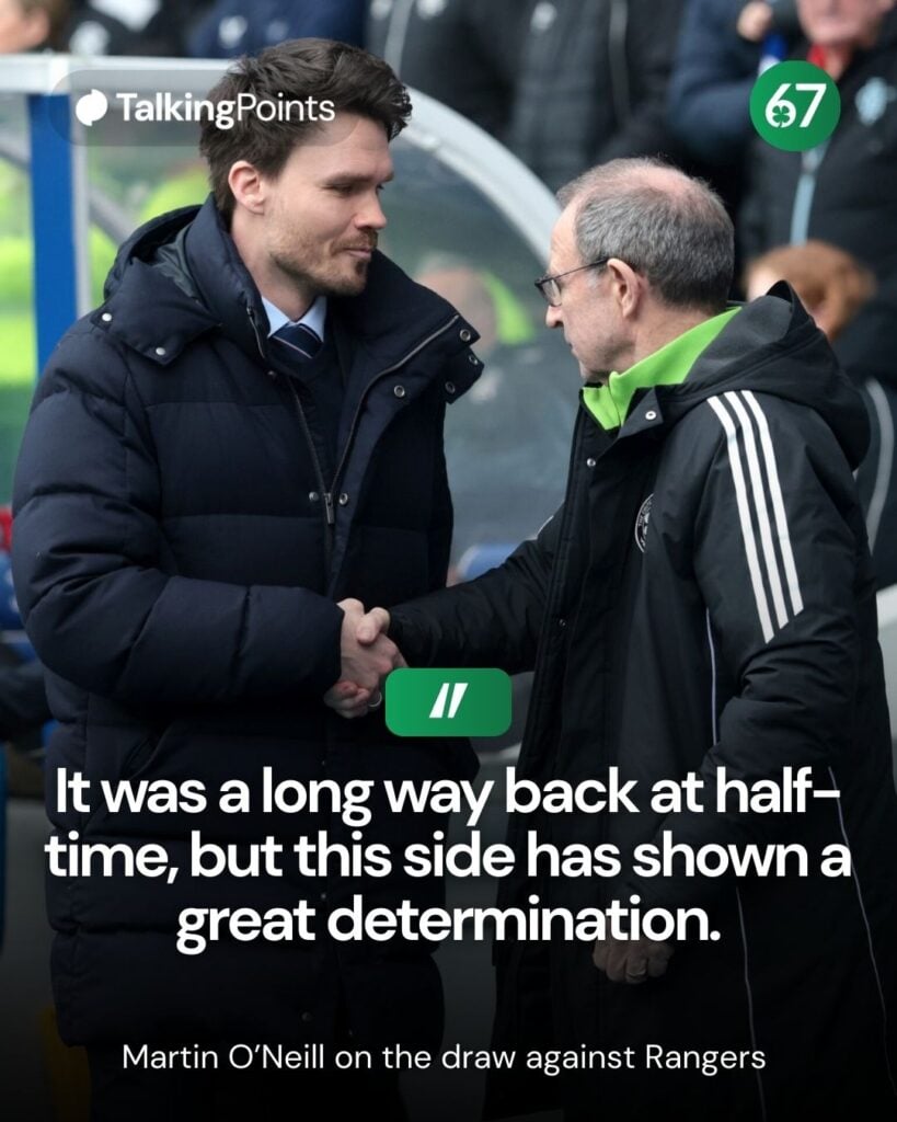 Danny Rohl, Head Coach of Rangers, and Martin O'Neill, Interim Manager of Celtic shake hands