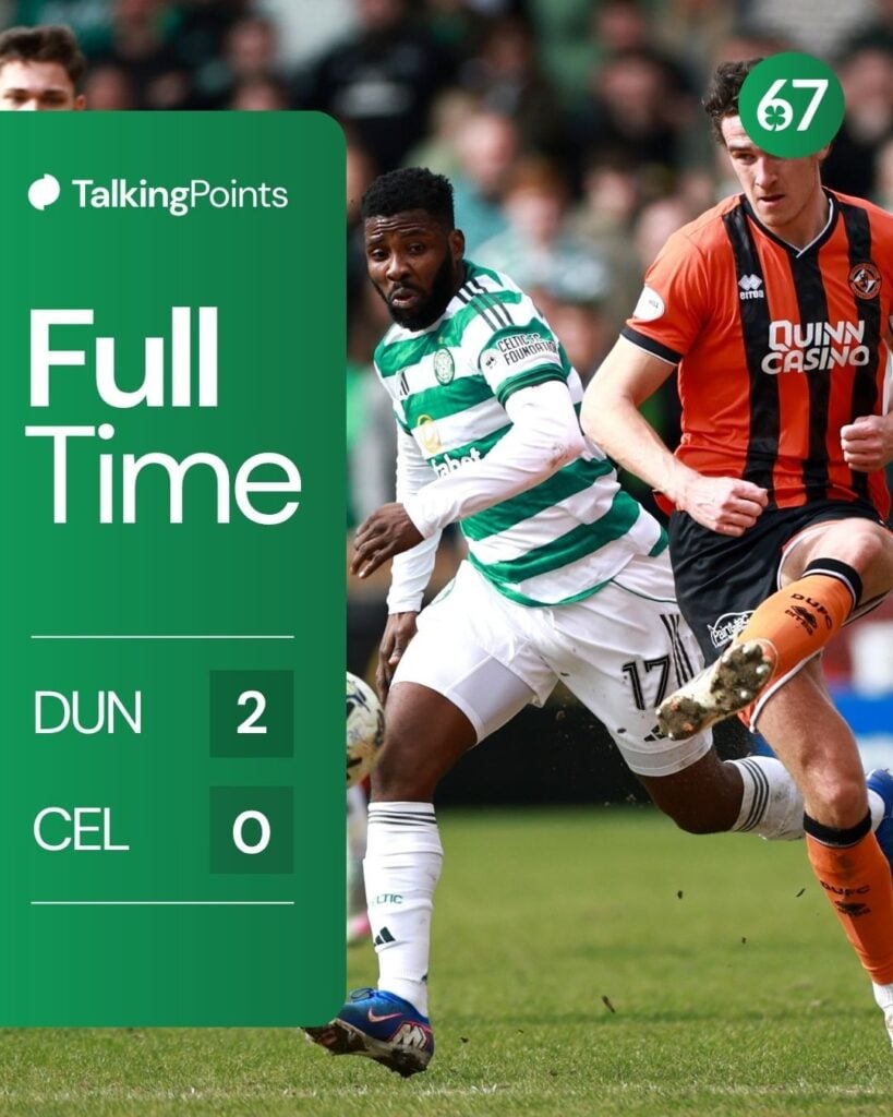 Ross Graham of Dundee United is challenged by Kelechi Iheanacho of Celtic