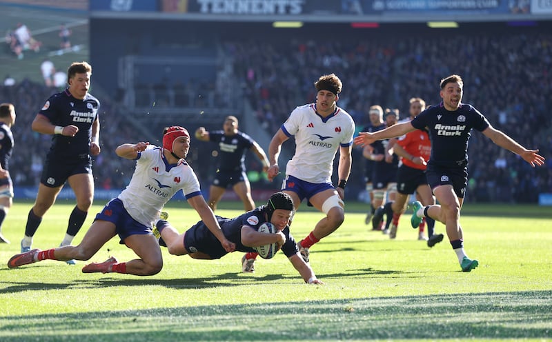 Darcy Graham dives over to score Scotland's first try during their Six Nations victory against France at Murrayfield last Saturday. Photograph: Stu Forster/Getty Images