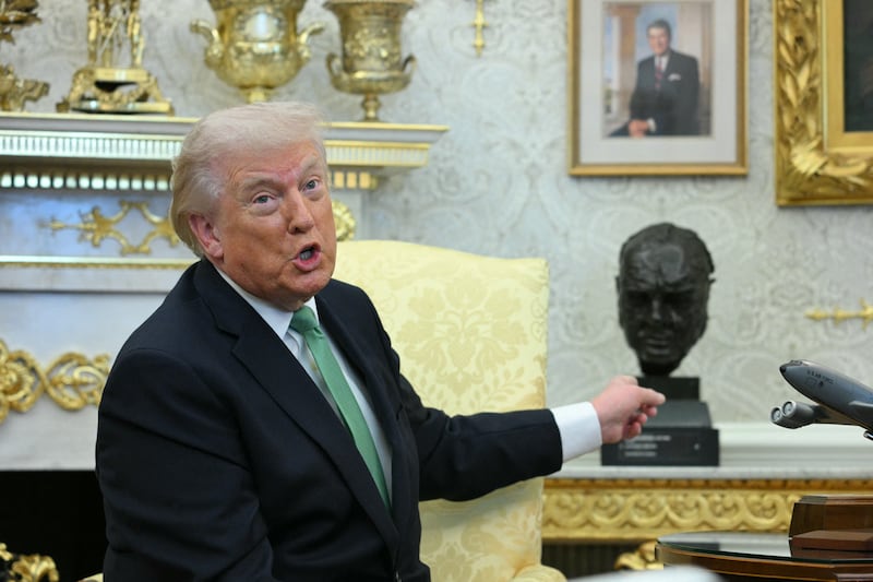US president Donald Trump points at a bust of Winston Churchill a bilateral meeting with Taoiseach Micheál Martin. Photograph: Jim Watson/AFP via Getty Images