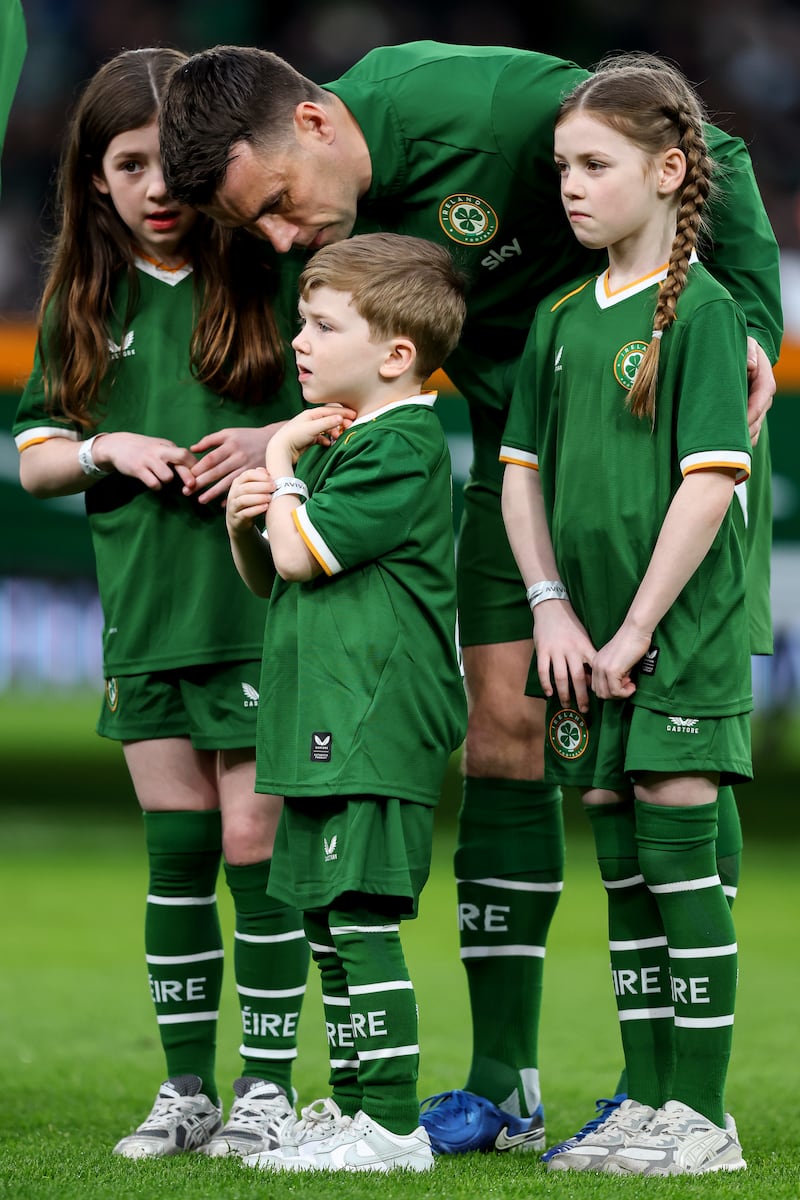Séamus Coleman with his children Lily, Blake and Ellie ahead of the match. Photograph: Ben Brady/Inpho