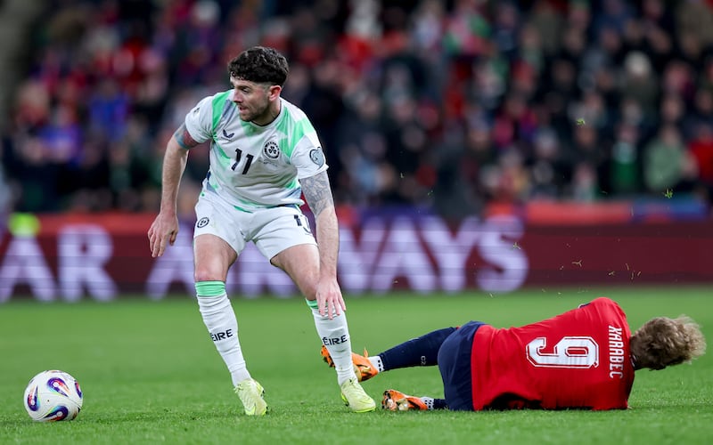Ireland's Robbie Brady with Adam Karabec of the Czech Republic. Photograph: Ryan Byrne/Inpho
