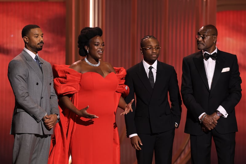 Sinners: (L-R) Michael B Jordan, Wunmi Mosaku, Miles Caton and Delroy Lindo speak onstage during the 32nd Annual Actor Awards in Los Angeles, California. Photograph: Matt Winkelmeyer/Getty Images