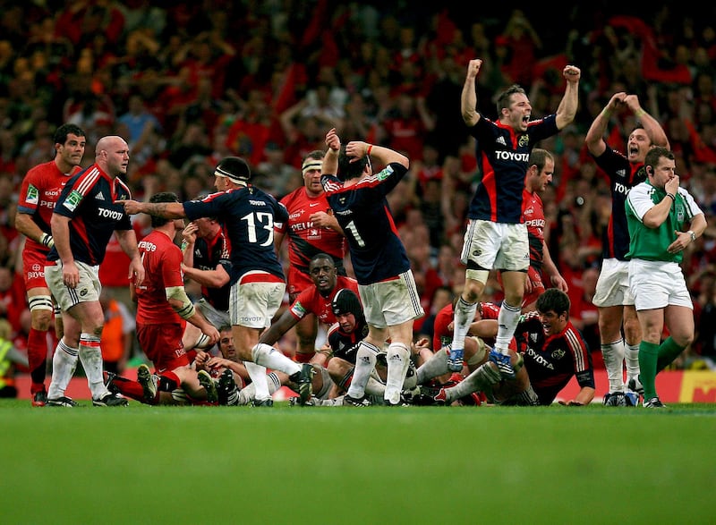 Munster players celebrate beating Toulouse in the 2008 Heineken Cup final in Cardiff. Photograph: Dan Sheridan/Inpho
