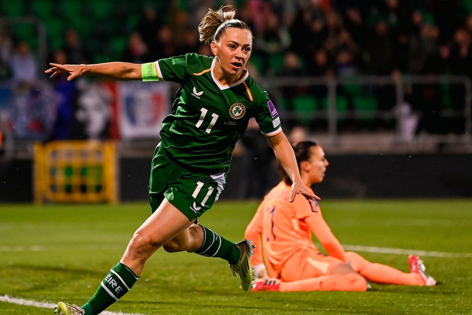 Katie McCabe celebrates after opening the scoring for Ireland in their Women’s World Cup Qualifier against France at Tallaght Stadium. Photo: Stephen McCarthy/Sportsfile