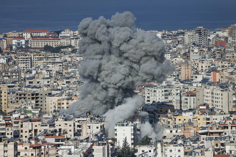 A plume of smoke rises from the site of an Israeli airstrike in the southern suburbs of Beirut's Haret Hreik neighborhood on March 4th, 2026. Photograph:  IBRAHIM AMRO/AFP via Getty Images