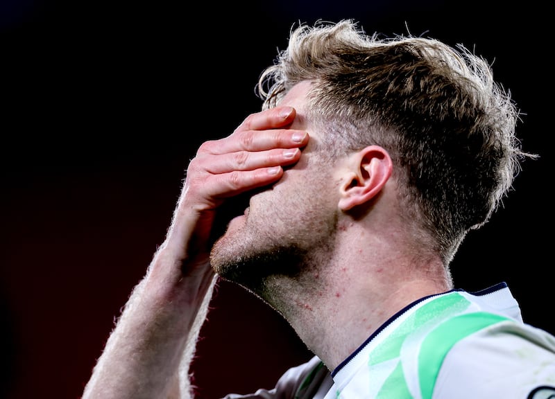 Republic of Ireland captain Nathan Collins dejected after Thursday night's defeat. Photograph: Ben Brady/Inpho