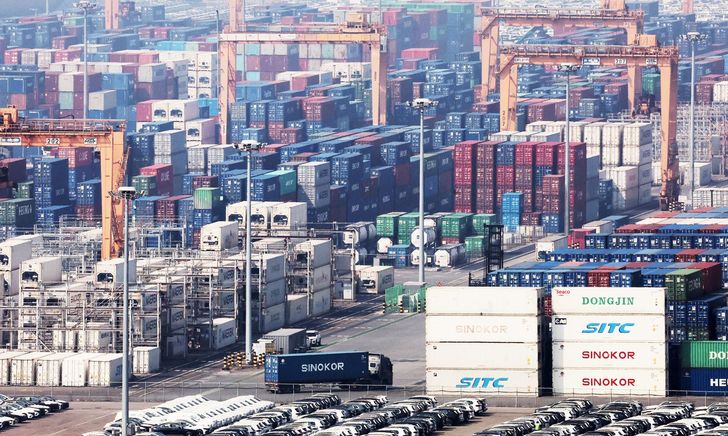 Containers are stacked at a port in Pyeongtaek, Gyeonggi Province, Thursday. Yonhap 