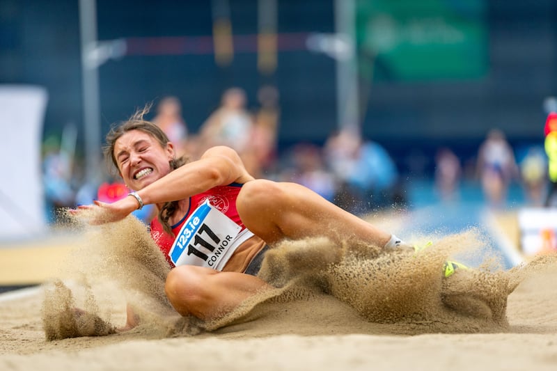 Kate O’Connor at the the long jump. Photograph: Morgan Treacy/Inpho