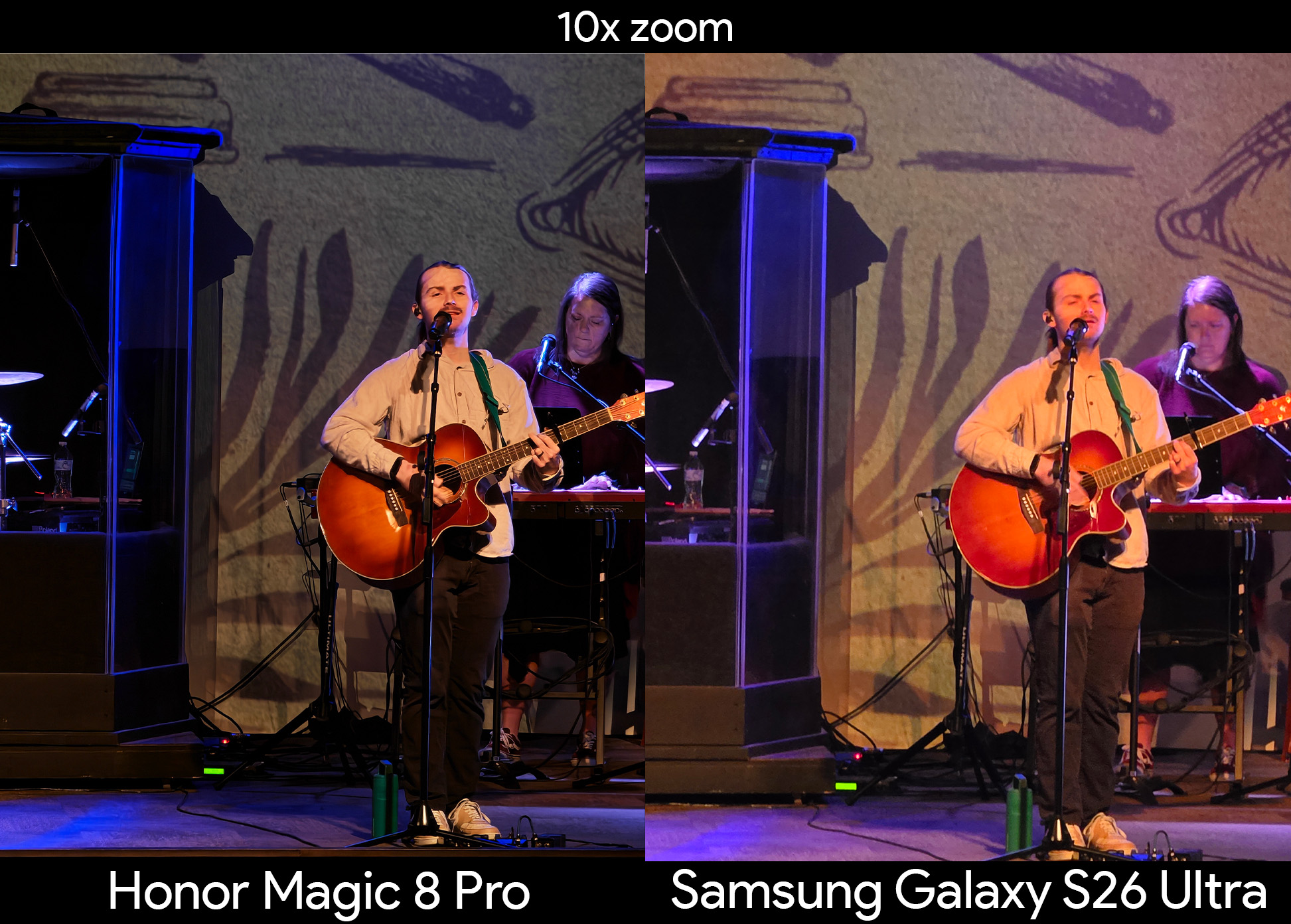 Comparing 10x zoom quality at a concert between an Honor Magic 8 Pro and a Samsung Galaxy S26 Ultra